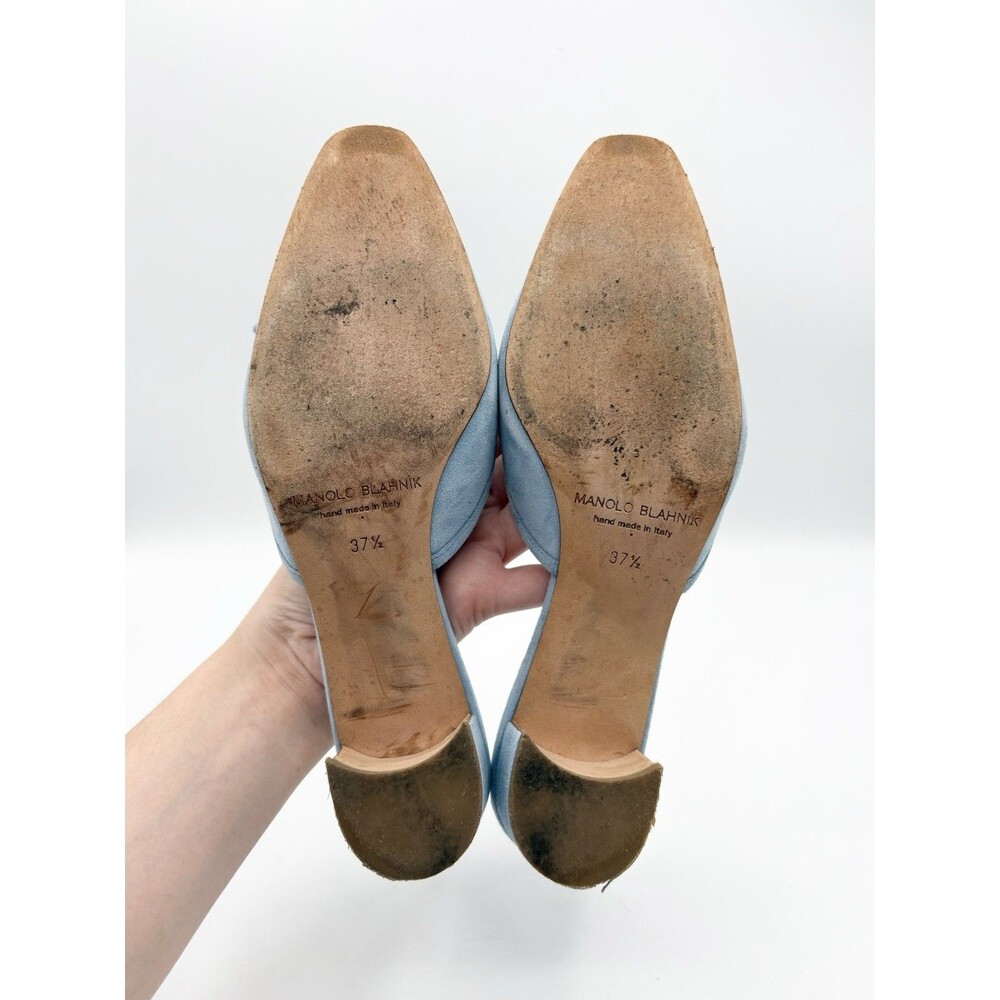 Manolo Blahnik Baby Blue Suede Mules Kitten Heels Bow Accent Size EU 37.5 - Picture 10 of 12